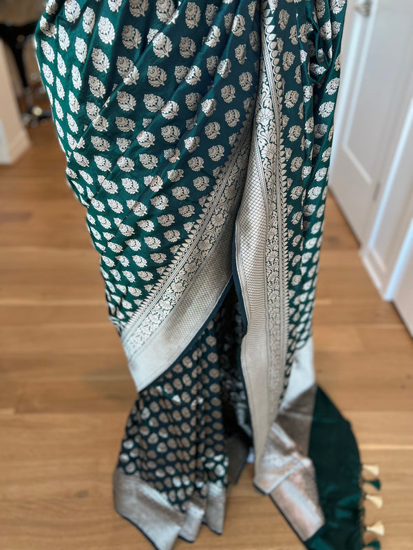 Dark Bottle Green Pure Katan Silk Banarasi Saree
