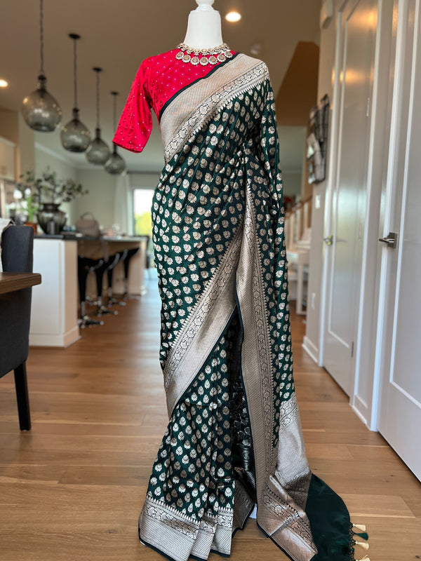 Dark Bottle Green Pure Katan Silk Banarasi Saree