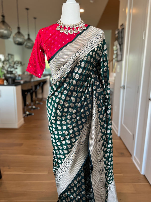Dark Bottle Green Pure Katan Silk Banarasi Saree