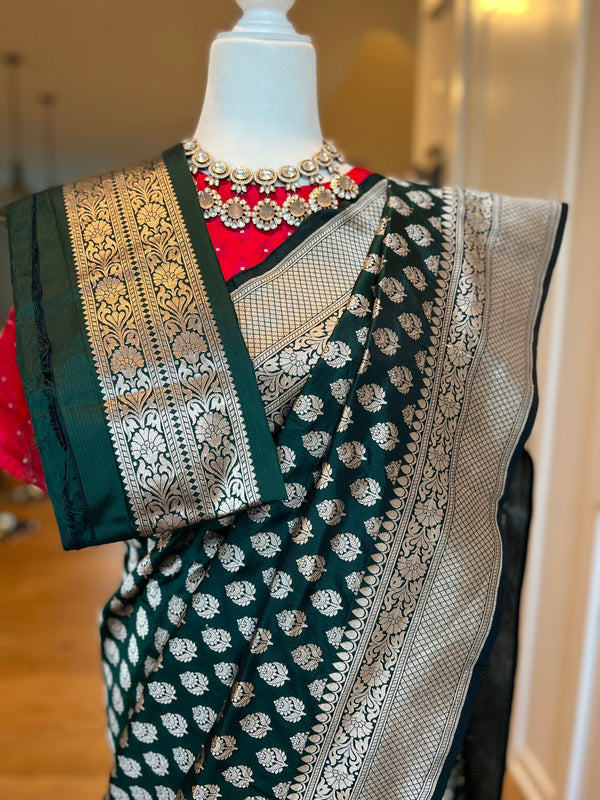 Dark Bottle Green Pure Katan Silk Banarasi Saree