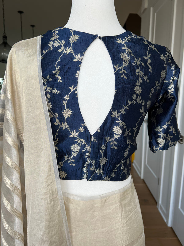 Navy Blue Pure Silk Indian Brocade Designer Blouse