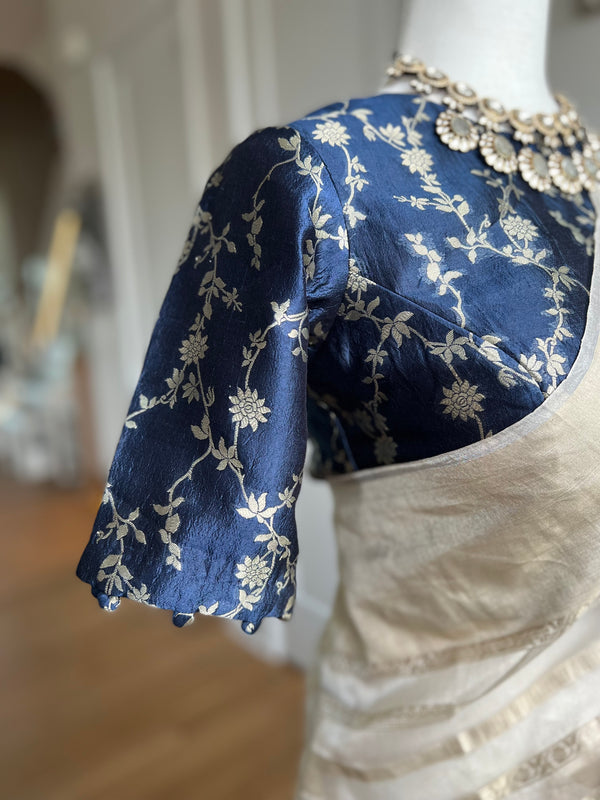 Navy Blue Pure Silk Indian Brocade Designer Blouse