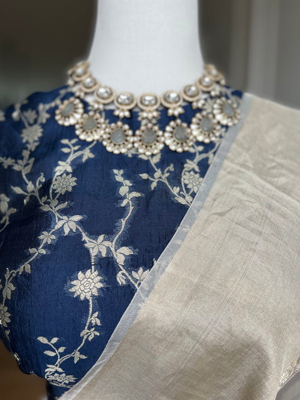 Navy Blue Pure Silk Indian Brocade Designer Blouse