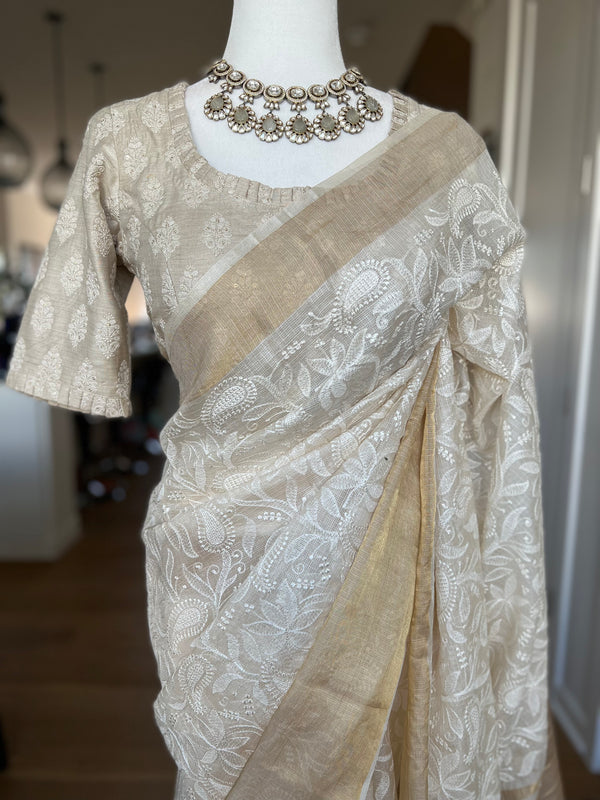 Tussar Kota Chikankari Saree with Embroidered Designer Blouse