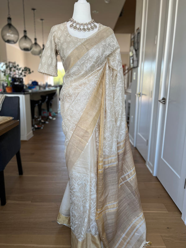 Tussar Kota Chikankari Saree with Embroidered Designer Blouse