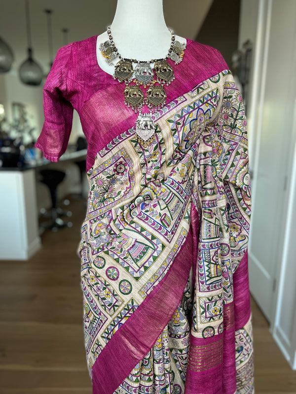 Madhubani Printed Ghicha Tussar Silk Saree