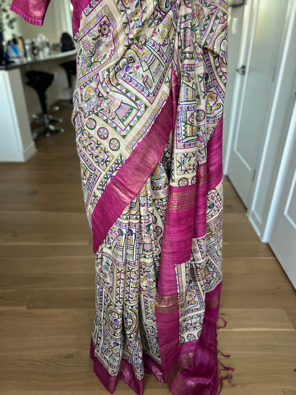 Madhubani Printed Ghicha Tussar Silk Saree