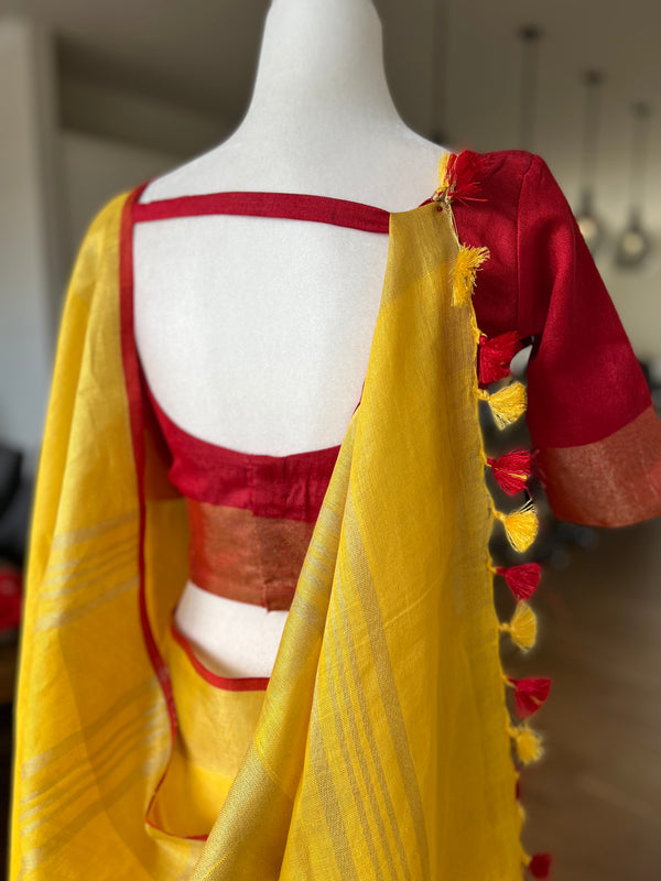 Mango Yellow Linen Saree with Stitched Blouse