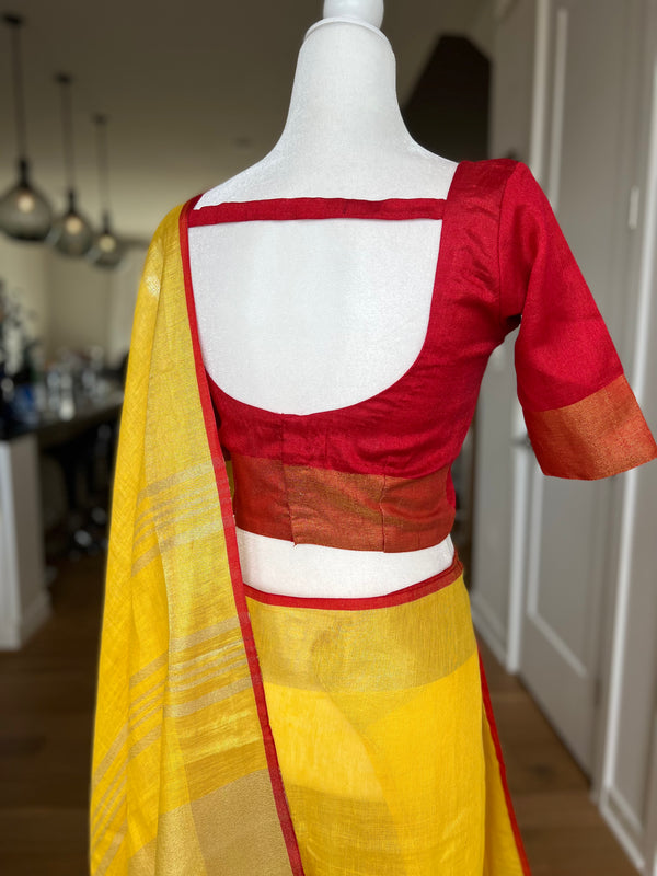 Mango Yellow Linen Saree with Stitched Blouse