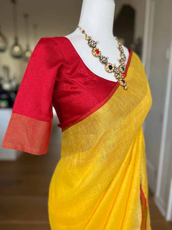 Mango Yellow Linen Saree with Stitched Blouse