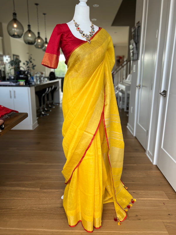 Mango Yellow Linen Saree with Stitched Blouse