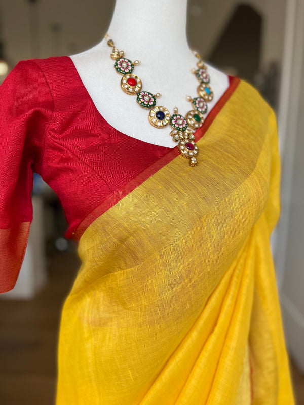 Mango Yellow Linen Saree with Stitched Blouse