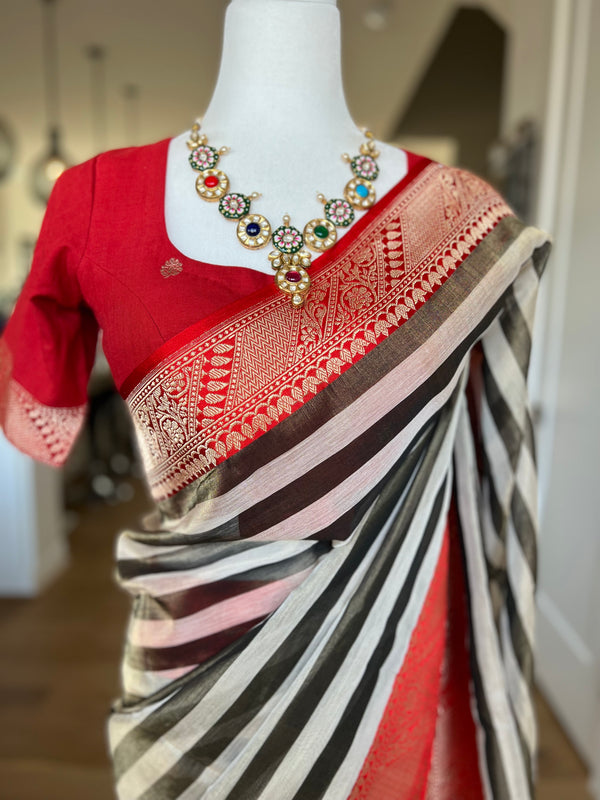 Red And Black/Beige Tissue Silk Banarasi Saree