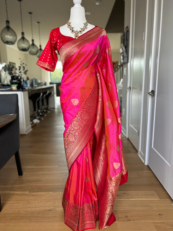Pink and Red Pure Katan Silk Banarasi Saree with Stitched Blouse