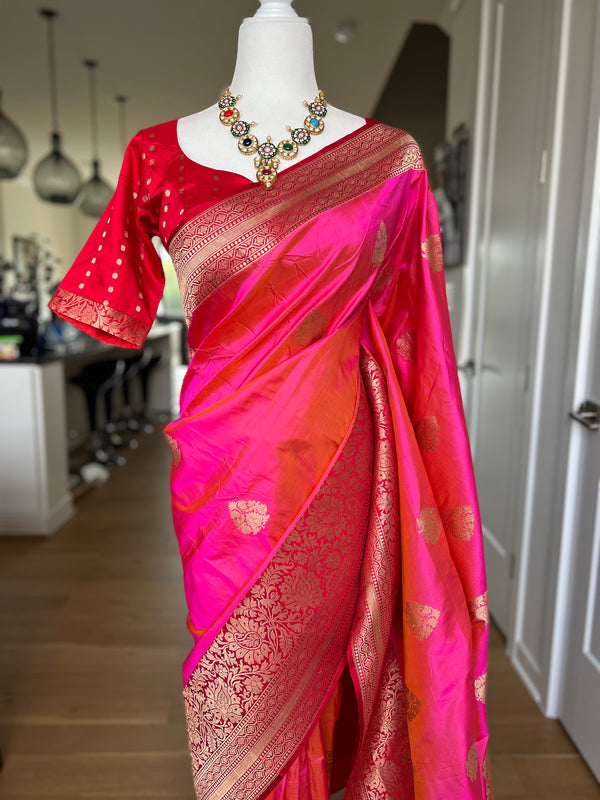 Pink and Red Pure Katan Silk Banarasi Saree with Stitched Blouse