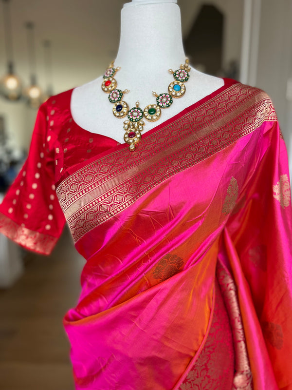 Pink and Red Pure Katan Silk Banarasi Saree with Stitched Blouse