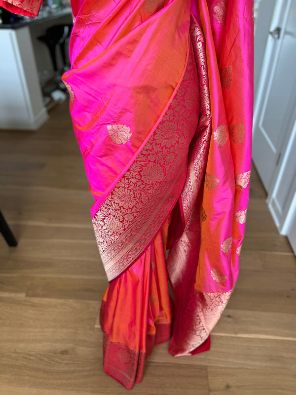 Pink and Red Pure Katan Silk Banarasi Saree with Stitched Blouse