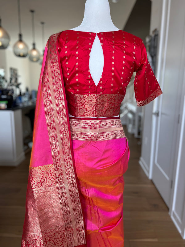 Pink and Red Pure Katan Silk Banarasi Saree with Stitched Blouse