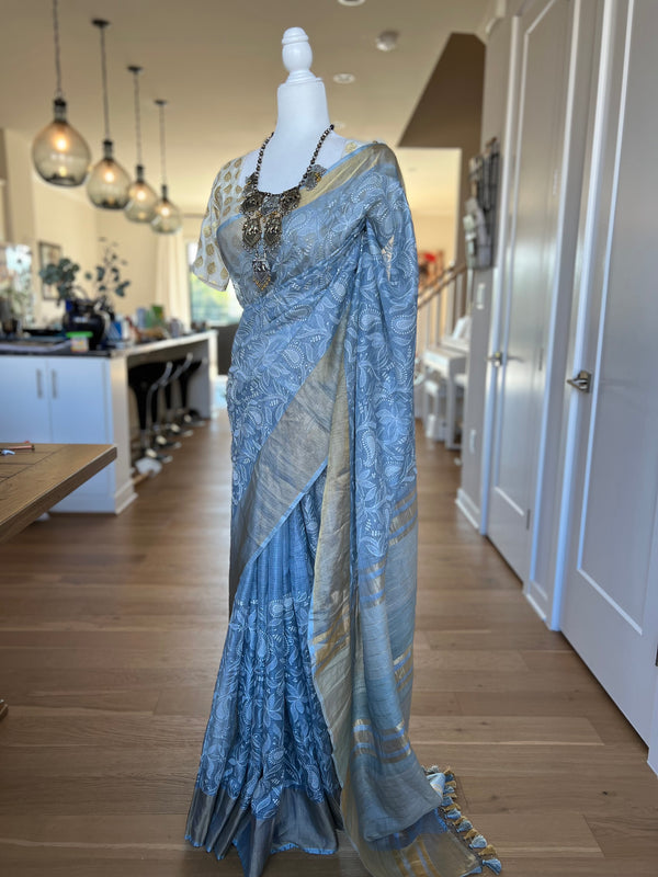 Blue Tussar Kota Chikankari Saree