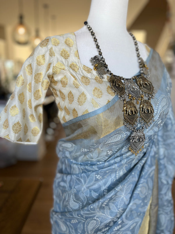 Blue Tussar Kota Chikankari Saree