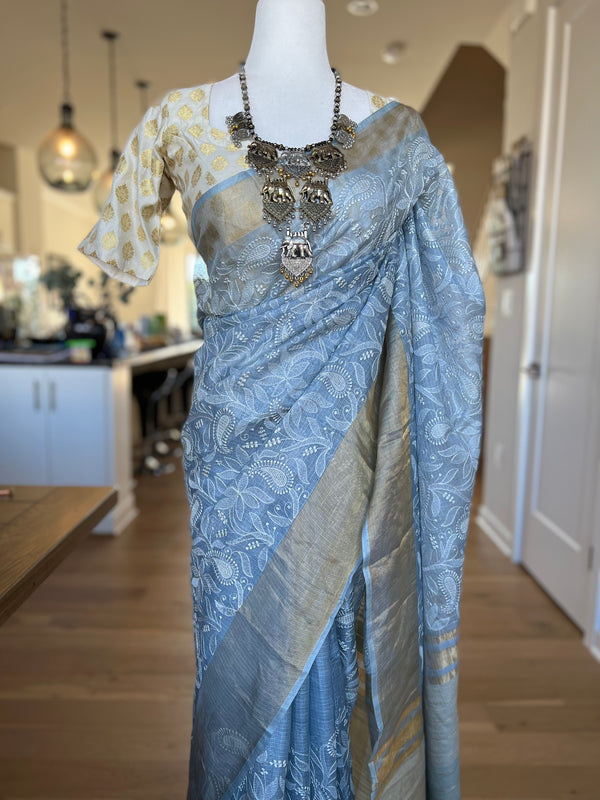 Blue Tussar Kota Chikankari Saree