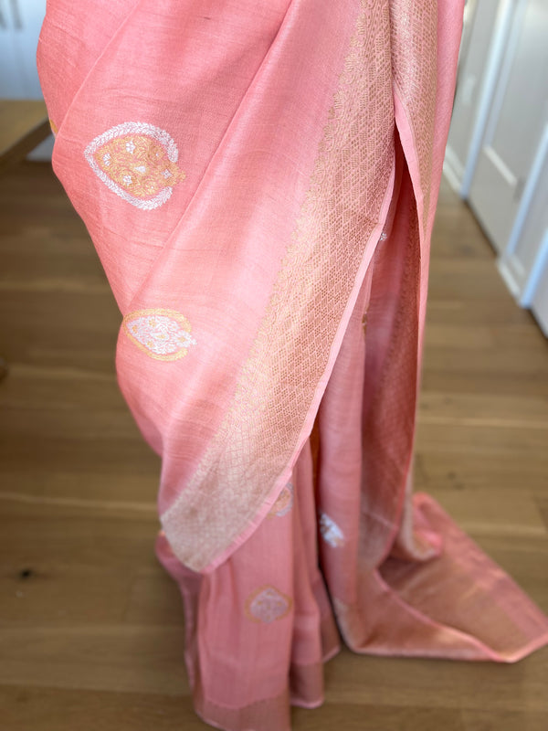 Peach Tussar Georgette Sona Rupa Kaduwa Banarasi Saree
