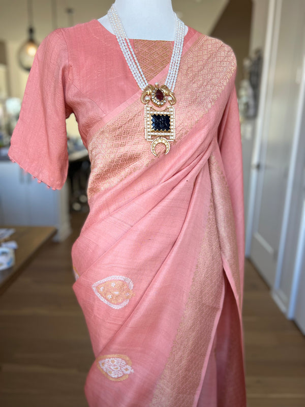 Peach Tussar Georgette Sona Rupa Kaduwa Banarasi Saree