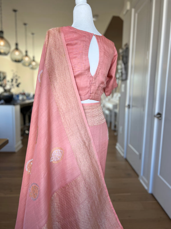 Peach Tussar Georgette Sona Rupa Kaduwa Banarasi Saree