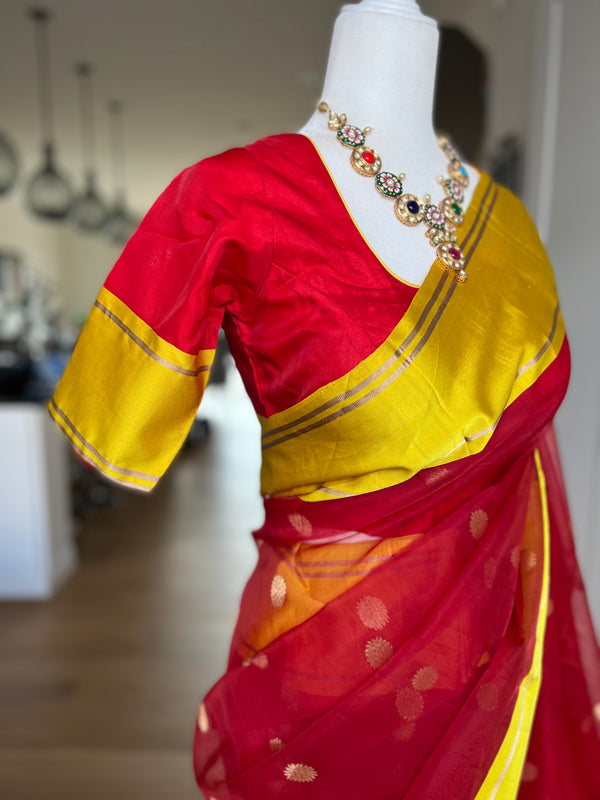 Red/Yellow Chanderi Silk Saree with Stitched Blouse