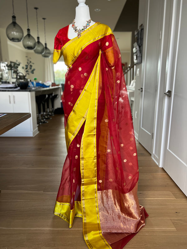 Red/Yellow Chanderi Silk Saree with Stitched Blouse