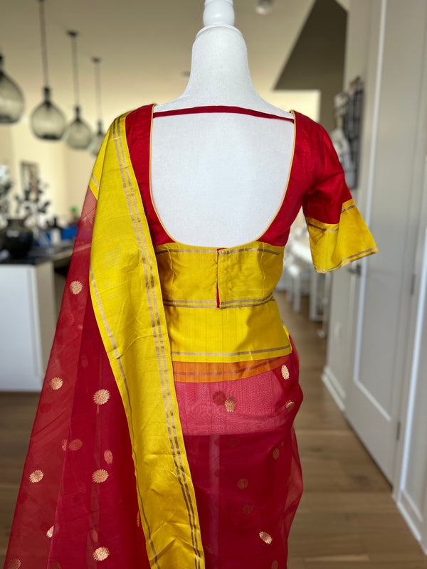 Red/Yellow Chanderi Silk Saree with Stitched Blouse
