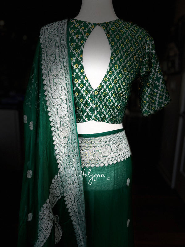 Bottle Green Banarasi Chiffon Saree with Designer Blouse