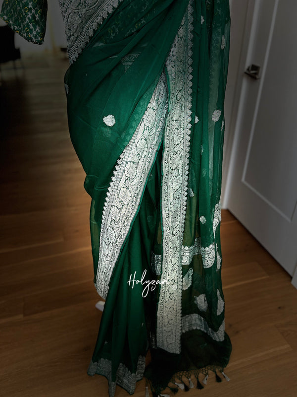Bottle Green Banarasi Chiffon Saree with Designer Blouse