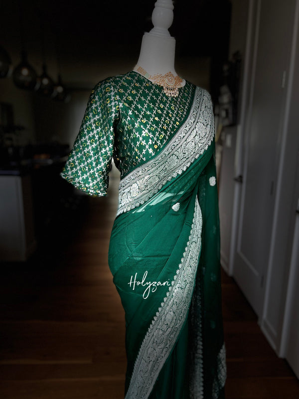 Bottle Green Banarasi Chiffon Saree with Designer Blouse