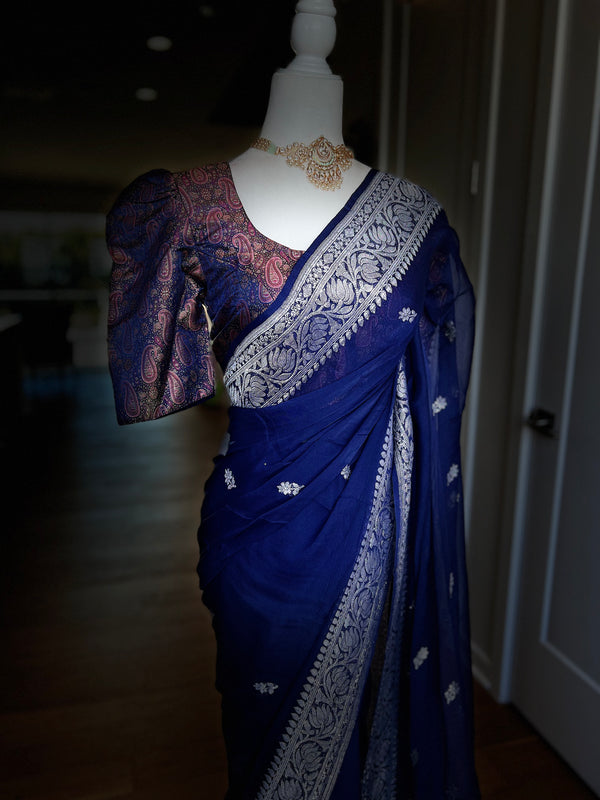 Blue Chiffon Banarasi Saree With Unstitched Blouse