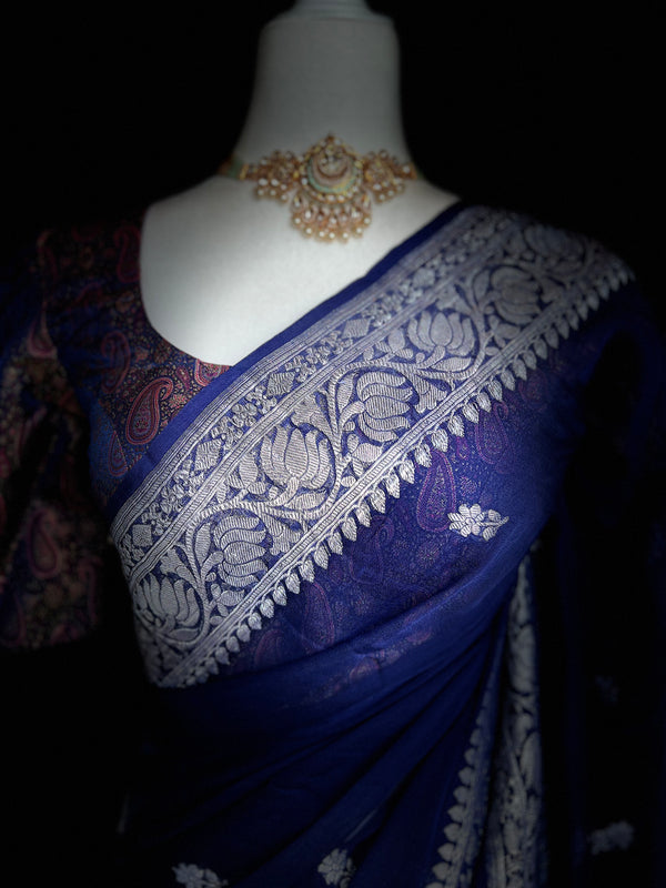 Blue Chiffon Banarasi Saree With Unstitched Blouse