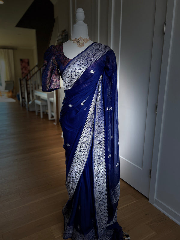 Blue Chiffon Banarasi Saree With Unstitched Blouse
