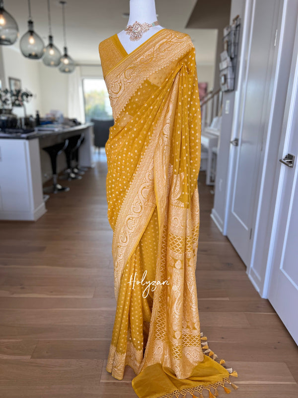 Yellow Banarasi Khaddi Georgette Gold Zari Saree With Blouse Piece