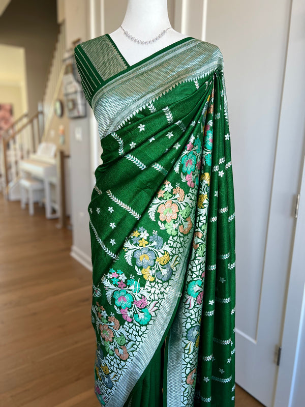 Bottle Green Tussar Georgette Handloom Banarasi Saree