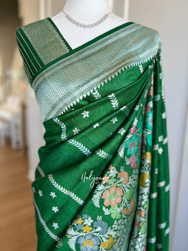 Bottle Green Tussar Georgette Handloom Banarasi Saree