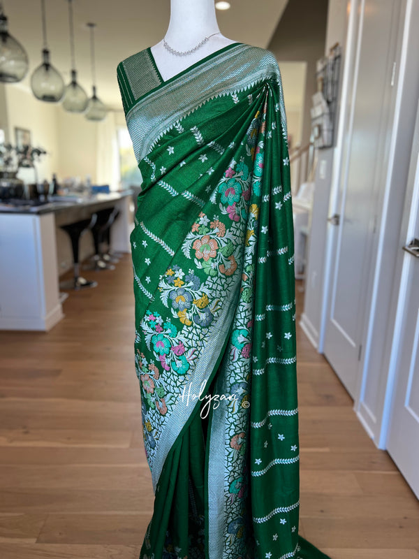Bottle Green Tussar Georgette Handloom Banarasi Saree