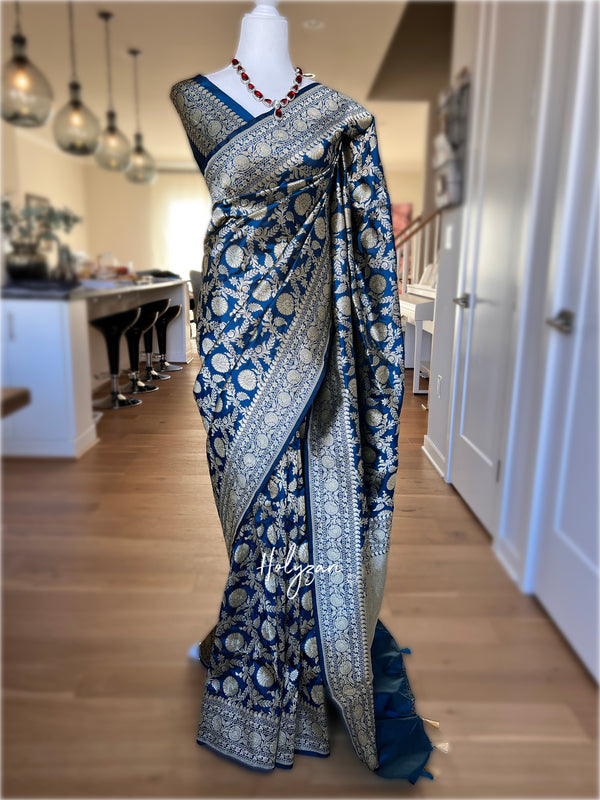 Dark Teal Pure Katan Silk Banarasi Single Patola Saree