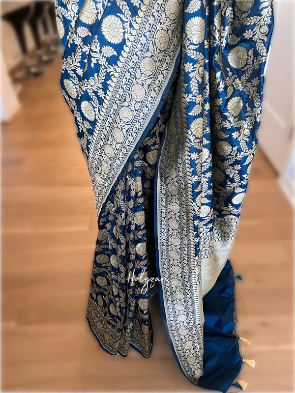 Dark Teal Pure Katan Silk Banarasi Single Patola Saree