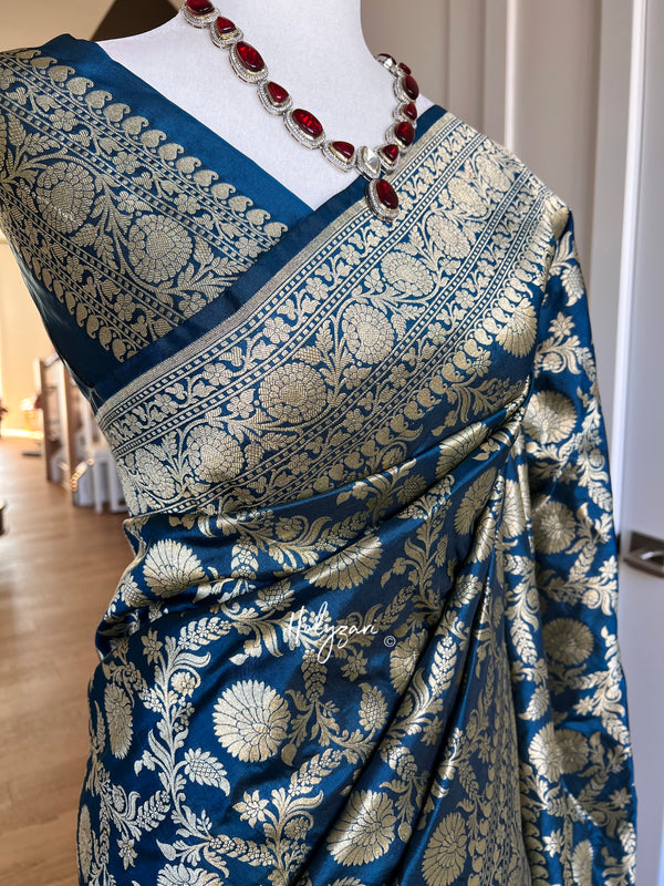 Dark Teal Pure Katan Silk Banarasi Single Patola Saree