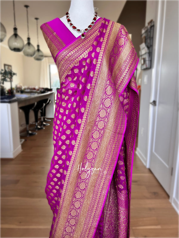 Pink Banarasi Khaddi Georgette Antique Saree With Blouse Piece