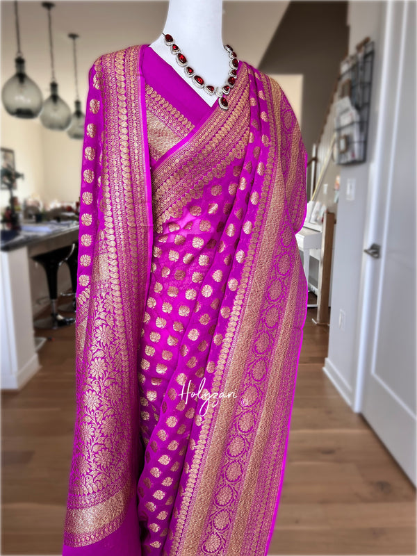 Pink Banarasi Khaddi Georgette Antique Saree With Blouse Piece