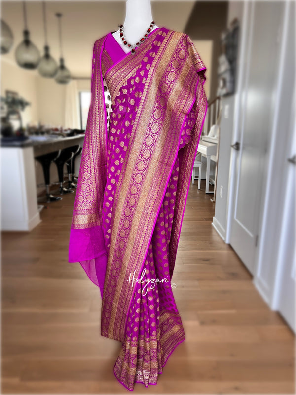 Pink Banarasi Khaddi Georgette Antique Saree With Blouse Piece
