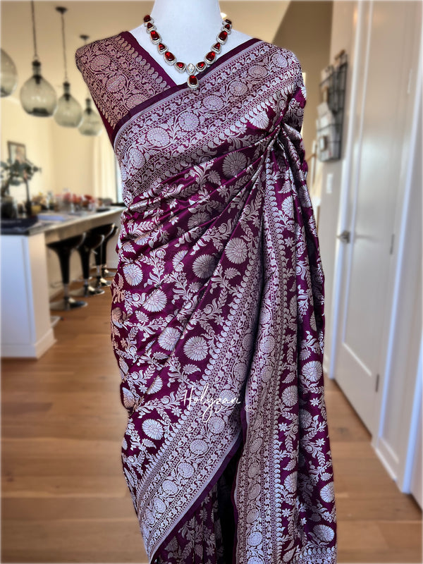 Deep Plum Pure Katan Silk Banarasi Single Patola Saree