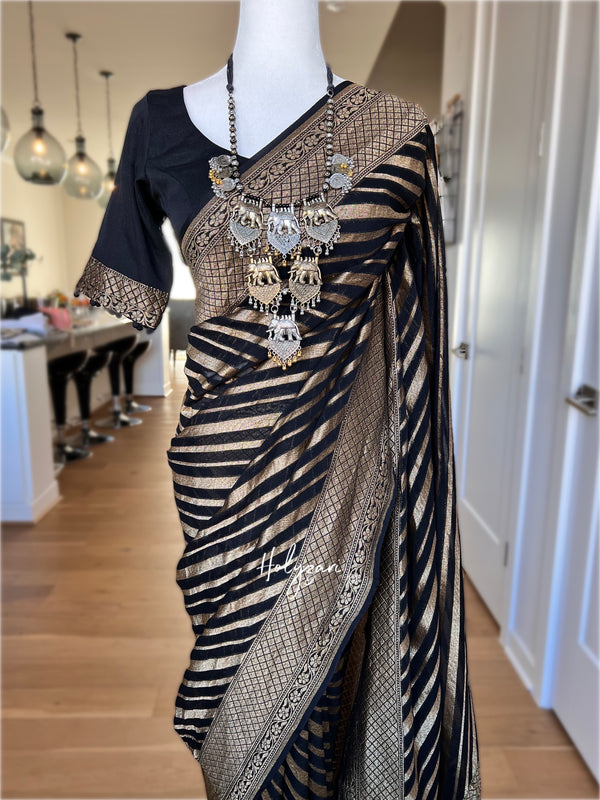Black Banarasi Khaddi Georgette Saree with stitched blouse
