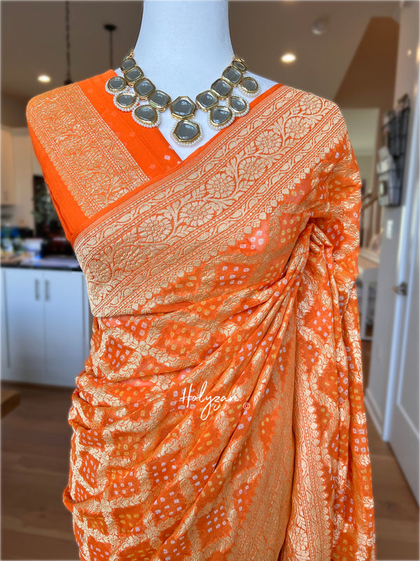 Orange Khaddi Georgette Banarasi Saree in Rai Bandhej/Bandhani